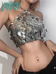 Lunivop Y2K Silver Sequin Matte Crop Tank Tops Women Aesthetic Trendy 2000S Sexy Backless Halter