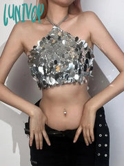 Lunivop Y2K Silver Sequin Matte Crop Tank Tops Women Aesthetic Trendy 2000S Sexy Backless Halter
