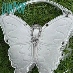 Lunivop Y2K Silver Women Handbag Butterfly Gothic Punk Fashion Leather Vintage Small Backpack