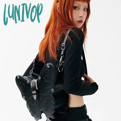 Lunivop Y2K Silver Women Handbag Butterfly Gothic Punk Fashion Leather Vintage Small Backpack