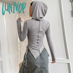 Lunivop Y2K Solid Pleated Hooded Tops Women Streetwear Long Sleeve Drawstring Irregular Slim