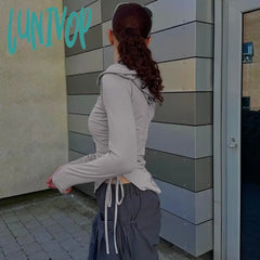 Lunivop Y2K Solid Pleated Hooded Tops Women Streetwear Long Sleeve Drawstring Irregular Slim