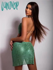 Lunivop Y2K Sparking Rhinestone Metallic Sequins Women Two 2 Piece Sets With Split Mini Skirts