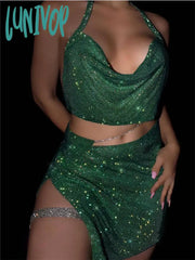 Lunivop Y2K Sparking Rhinestone Metallic Sequins Women Two 2 Piece Sets With Split Mini Skirts