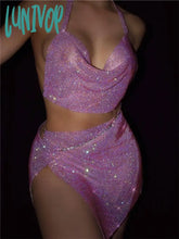 Lunivop Y2K Sparking Rhinestone Metallic Sequins Women Two 2 Piece Sets With Split Mini Skirts