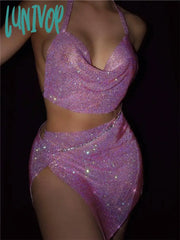 Lunivop Y2K Sparking Rhinestone Metallic Sequins Women Two 2 Piece Sets With Split Mini Skirts
