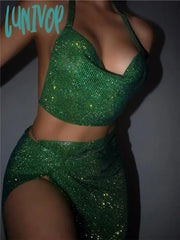 Lunivop Y2K Sparking Rhinestone Metallic Sequins Women Two 2 Piece Sets With Split Mini Skirts