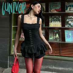 Lunivop Y2K Stacked Rufflies Mini Dress For Women Classic Hipster Patchwork Suspendency Skinny