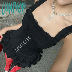 Lunivop Y2K Stacked Rufflies Mini Dress For Women Classic Hipster Patchwork Suspendency Skinny