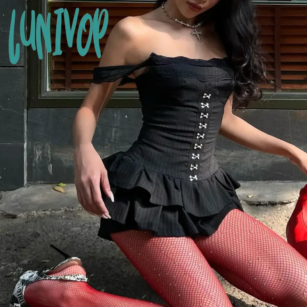 Lunivop Y2K Stacked Rufflies Mini Dress For Women Classic Hipster Patchwork Suspendency Skinny