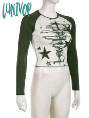 Lunivop Y2K Star Graphic Print T Shirts Women Vintage Trashy 2000S Grunge Crop Tops Streetwear