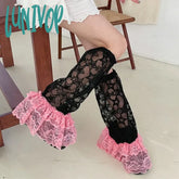 Lunivop Y2K Star Lace Leg Socks Black Pink Colored Sweet Covers Wide Harajuku Japanese Knee High