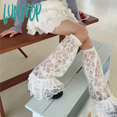 Lunivop Y2K Star Lace Leg Socks Black Pink Colored Sweet Covers Wide Harajuku Japanese Knee High