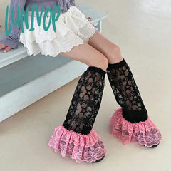 Lunivop Y2K Star Lace Leg Socks Black Pink Colored Sweet Covers Wide Harajuku Japanese Knee High