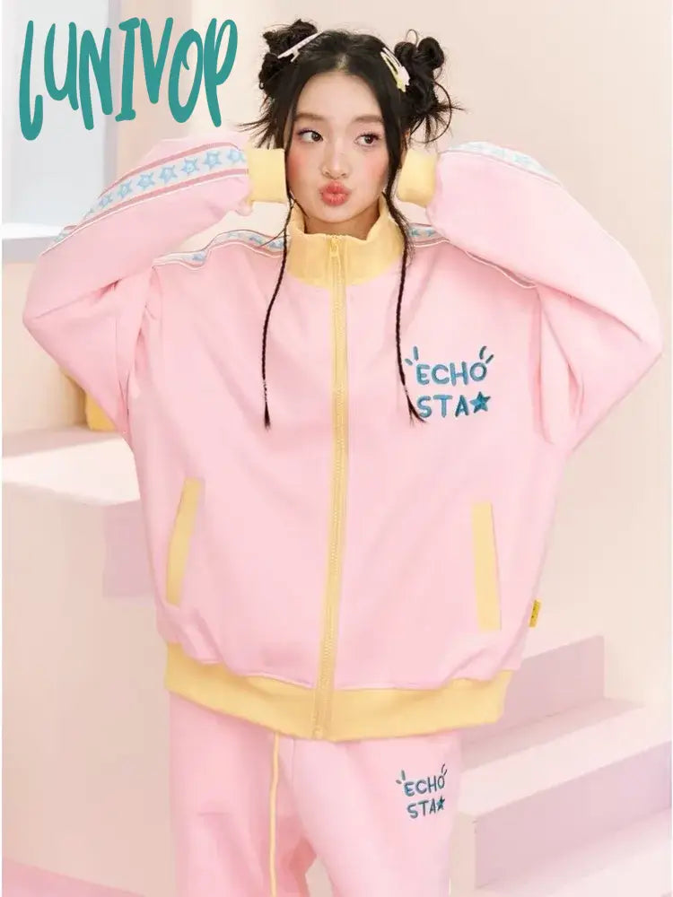 Lunivop Y2K Star Zip Up Sweatshirts Women Korean Style Kpop Pink Hoodies Sweet Kawaii Aesthetic