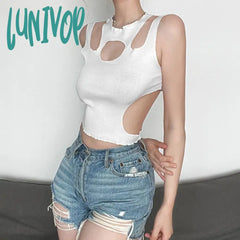 Lunivop Y2K Streetwear White Cut Out Women T Shirt Sleeveless Slim Shirts Female Clothing Summer