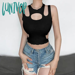 Lunivop Y2K Streetwear White Cut Out Women T Shirt Sleeveless Slim Shirts Female Clothing Summer