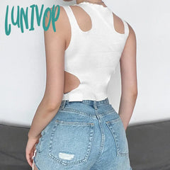 Lunivop Y2K Streetwear White Cut Out Women T Shirt Sleeveless Slim Shirts Female Clothing Summer