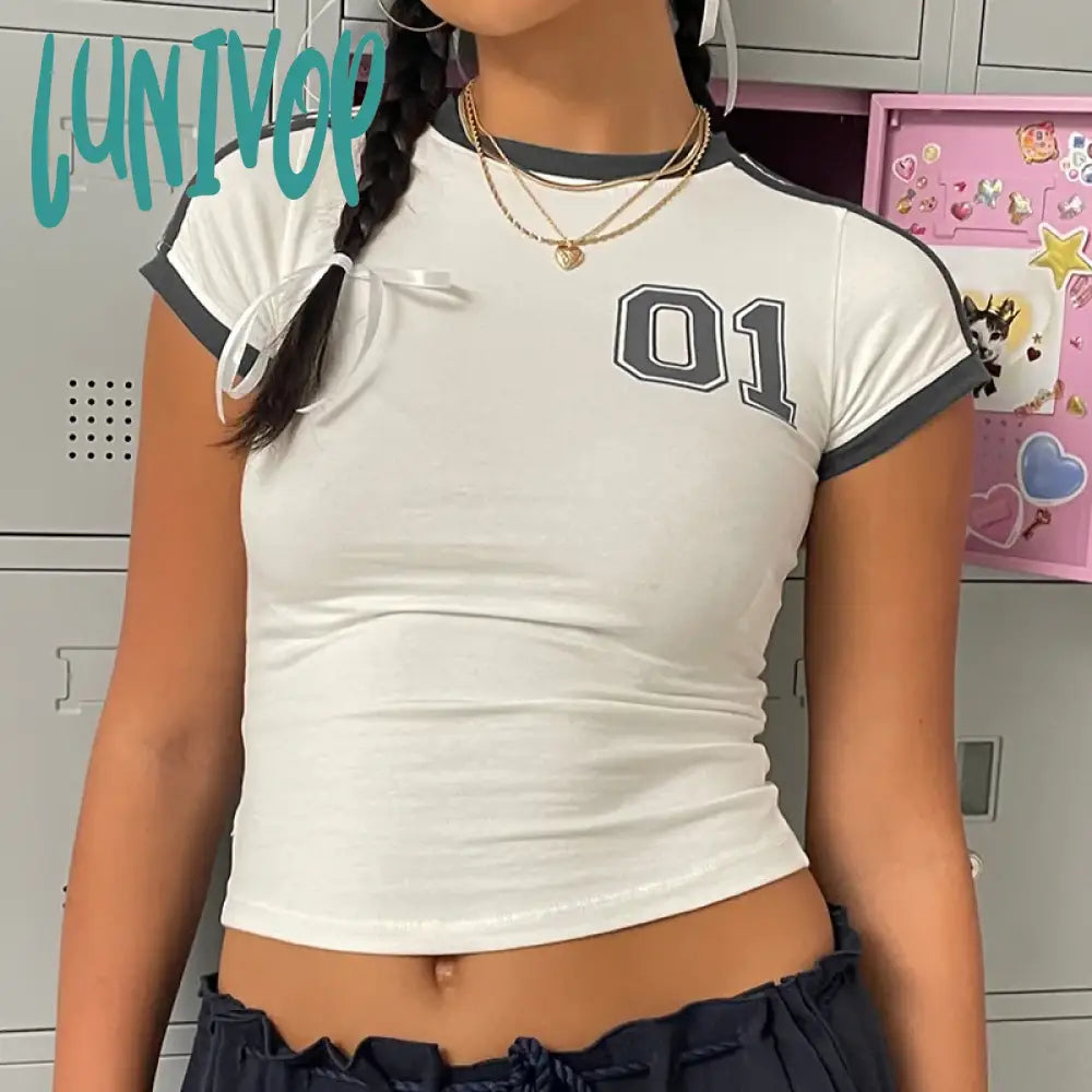 Lunivop Y2K Striped Crop T Shirts Women Harajuku Fashion Sporty Short Sleeve Tees Grunge Casual