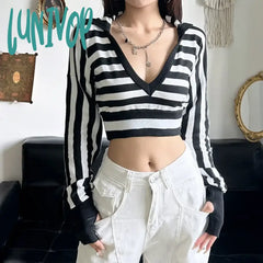 Lunivop Y2K Striped Print Cropped Sweater Vintage 2000S V Neck Full Sleeve Hooded Jumpers Pullovers