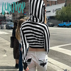 Lunivop Y2K Striped Print Cropped Sweater Vintage 2000S V Neck Full Sleeve Hooded Jumpers Pullovers