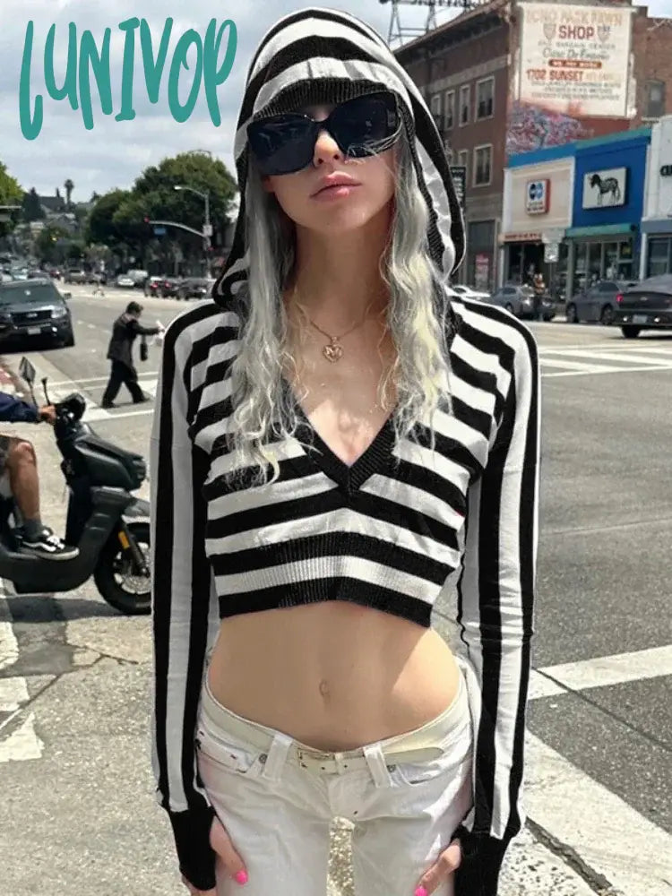 Lunivop Y2K Striped Print Cropped Sweater Vintage 2000S V Neck Full Sleeve Hooded Jumpers Pullovers