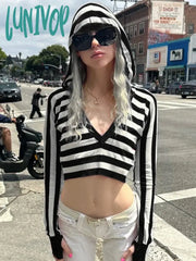 Lunivop Y2K Striped Print Cropped Sweater Vintage 2000S V Neck Full Sleeve Hooded Jumpers Pullovers