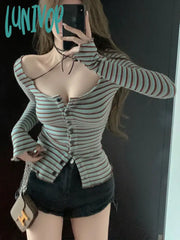 Lunivop Y2K Striped T Shirt Women Vintage Long Sleeve Top Ladies Sexy Square Collar Crop Tees