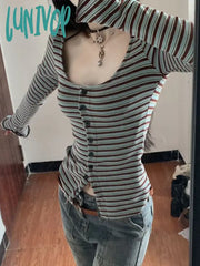 Lunivop Y2K Striped T Shirt Women Vintage Long Sleeve Top Ladies Sexy Square Collar Crop Tees