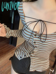 Lunivop Y2K Striped T Shirt Women Vintage Long Sleeve Top Ladies Sexy Square Collar Crop Tees