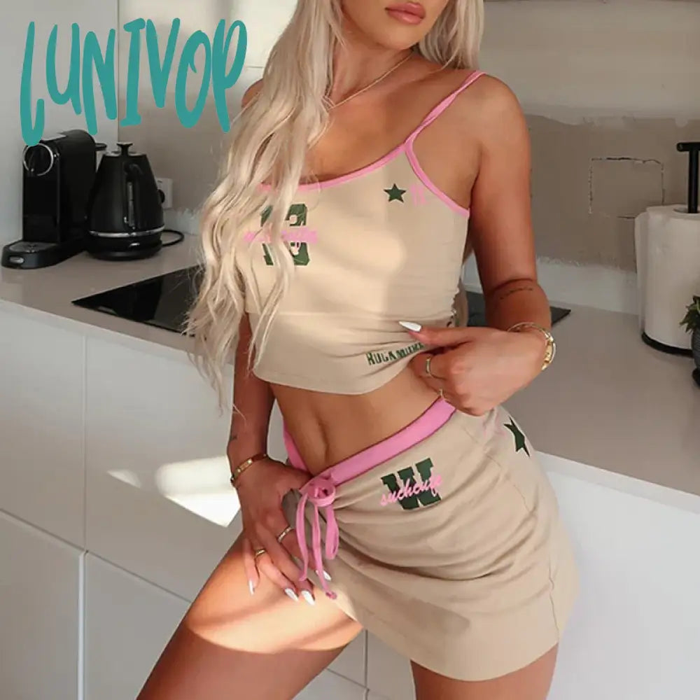 Lunivop Y2K Sweet Camis Top And Drawstring Mini Skirt Two Piece Set Letter Print Contrast Summer