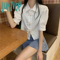 Lunivop Y2K Sweet White Shirts Women Preppy Bow Puff Short Sleeve Chic Blouses Student Summer