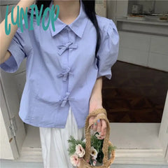 Lunivop Y2K Sweet White Shirts Women Preppy Bow Puff Short Sleeve Chic Blouses Student Summer