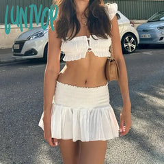 Lunivop Y2K Sweet White Two Piece Sets Summer Elegant Outfits Pleated Top A Line Skirt Co-Ords