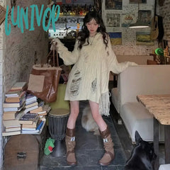 Lunivop Y2K Vintage Beige Knit Sweater Women Grunge Harajuku Irregular Off Shoulder Jerseys Hollow
