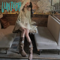 Lunivop Y2K Vintage Beige Knit Sweater Women Grunge Harajuku Irregular Off Shoulder Jerseys Hollow