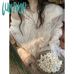 Lunivop Y2K Vintage Beige Knit Sweater Women Grunge Harajuku Irregular Off Shoulder Jerseys Hollow