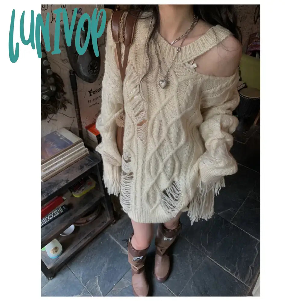 Lunivop Y2K Vintage Beige Knit Sweater Women Grunge Harajuku Irregular Off Shoulder Jerseys Hollow