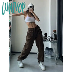 Lunivop Y2K Vintage Cargo Pants Women Gyaru Brown Korean Fashion Baggy Baddies Streetwear Hippie