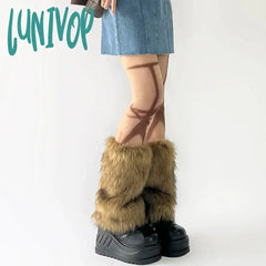 Lunivop Y2K Vintage Faux Fur Leg Warmers Hot Girl Harajuku Winter Warm Furry Boots Cover Socks Jk