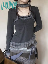 Lunivop Y2K Vintage Gray T Shirts Women Harajuku Grunge Patchwork Long Sleeve Tees Fairycore Lace