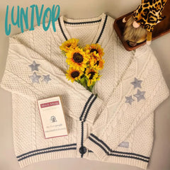 Lunivop Y2K Vintage Knitted Cardigan Women Korean Fashion Star Embroidery Sweater Casual Chic V