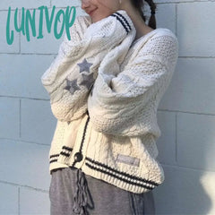 Lunivop Y2K Vintage Knitted Cardigan Women Korean Fashion Star Embroidery Sweater Casual Chic V