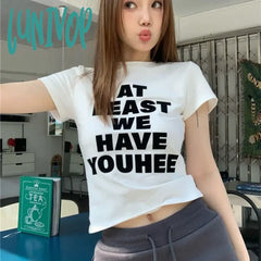 Lunivop Y2K Vintage Letter Print T Shirt 2000S Aesthetic O-Neck Short Sleeve Women Fashion Harajuku