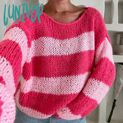 Lunivop Y2K Vintage Lounge Knitwear Casual Loose Fit Striped Sweater Autumn Winter O Neck Long