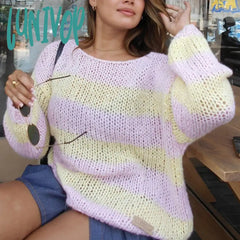 Lunivop Y2K Vintage Lounge Knitwear Casual Loose Fit Striped Sweater Autumn Winter O Neck Long