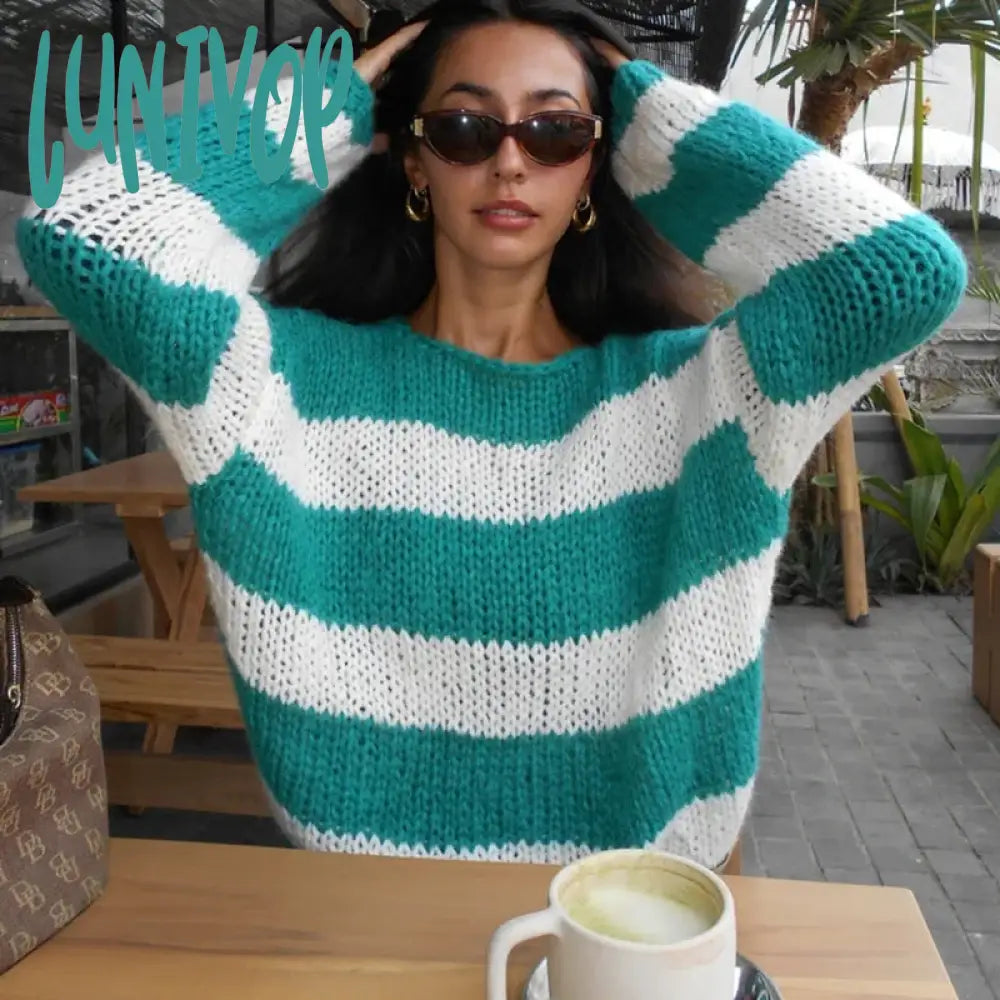 Lunivop Y2K Vintage Lounge Knitwear Casual Loose Fit Striped Sweater Autumn Winter O Neck Long