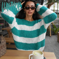 Lunivop Y2K Vintage Lounge Knitwear Casual Loose Fit Striped Sweater Autumn Winter O Neck Long