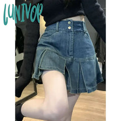 Lunivop Y2K Vintage Mini Denim Skirt Women High Waist Pleated A Line Jeans Skirts Harajuku