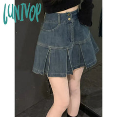 Lunivop Y2K Vintage Mini Denim Skirt Women High Waist Pleated A Line Jeans Skirts Harajuku